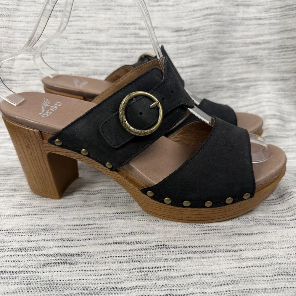 Dansko Ramona Black Suede Platform Heel Size 39 Studded Slip On Sandal Comfort - Picture 1 of 10